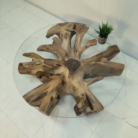 Стол консольный из корня тикового дерева 50099 Тамань со стеклом (100*100*30)