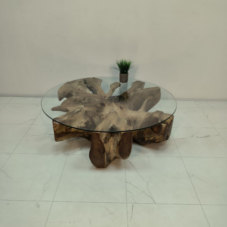 Стол консольный из корня тикового дерева 50099 Тамань со стеклом (100*100*30)