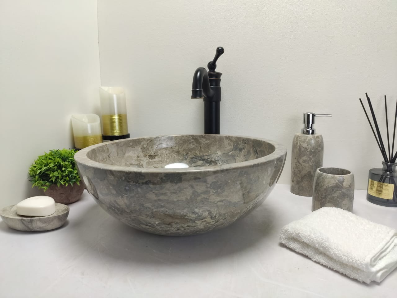Раковина из мрамора Bowl Grey Tin Lip BM-60257 40*40*15 из натурального камня
